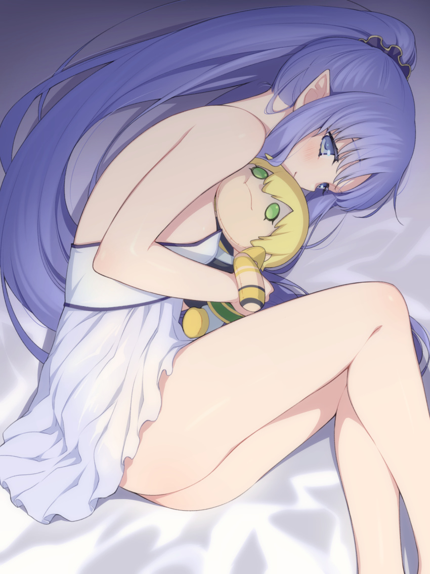 7dango7 ass bare_legs bare_shoulders blue_eyes blue_hair blush breasts character_doll dress fate/grand_order fate_(series) female hair_ornament highres jason_(fate) large_breasts long_hair looking_at_viewer medea_(lily)_(fate) pointy_ears ponytail purple_hair solo stuffed_toy very_long_hair white_dress