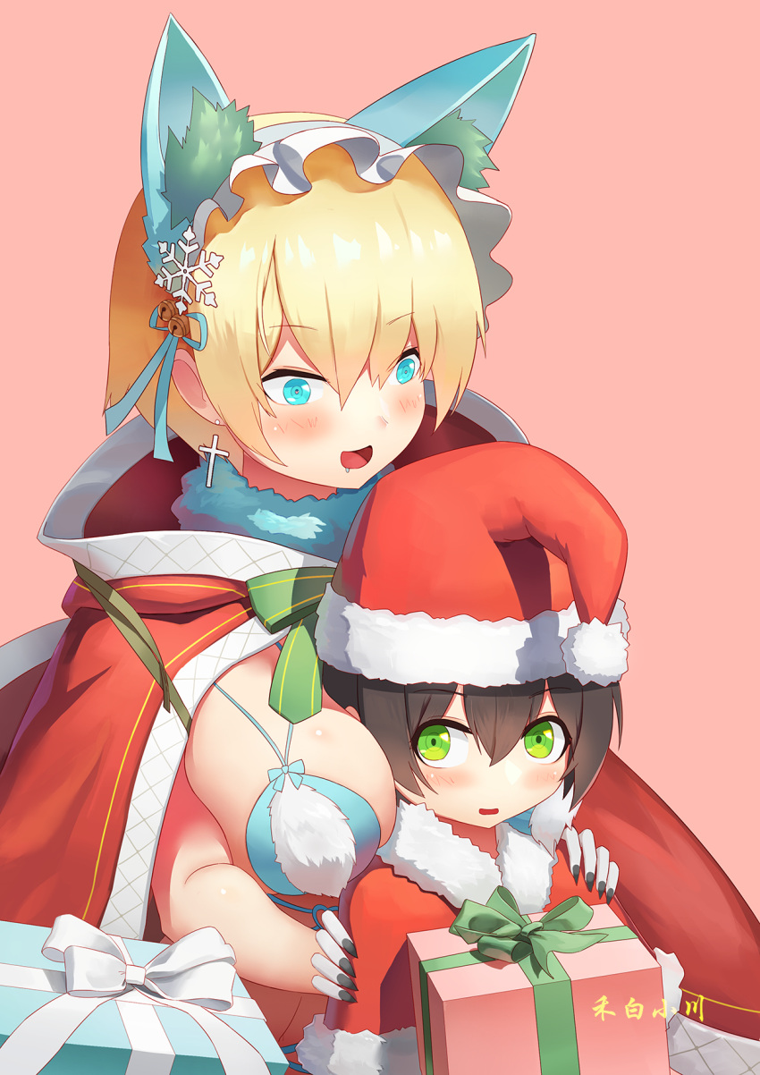 1boy animal_ear_hairband animal_ears artist_name bikini black_nails blonde_hair blue_bikini blue_eyes blush box breasts brown_hair cape cat_ear_hairband cat_ears chinese_commentary christmas cleavage cross cross_earrings earrings fake_animal_ears female gift gift_box girls'_frontline green_eyes hair_ornament hairband hand_on_another's_shoulder hat hebai_xiaochuan highres holding holding_gift huge_breasts jewelry looking_at_another merry_christmas nail_polish official_alternate_costume open_mouth pink_background red_cape red_headwear saliva santa_bikini santa_costume santa_hat short_hair smile snowflake_hair_ornament swimsuit upper_body vsk-94_(christmas_eve_detective)_(girls'_frontline) vsk-94_(girls'_frontline)