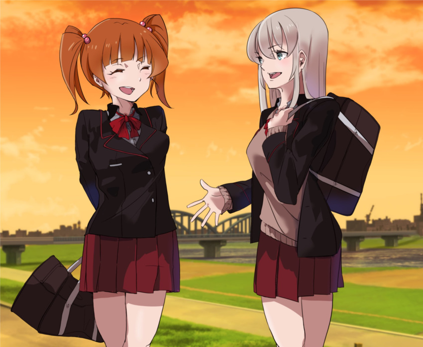 2girls adapted_uniform arms_behind_back bag black_jacket blue_eyes blurry blurry_background bow bowtie bridge brown_hair brown_sweater cloud cloudy_sky commentary day depth_of_field dress_shirt dusk fusion girls_und_panzer girls_und_panzer_phase_erika grey_hair grey_shirt hair_bobbles hair_ornament highres holding holding_bag holding_behind_back itsumi_erika jacket kuromorimine_military_uniform kuromorimine_school_uniform long_sleeves looking_at_another medium_hair miniskirt multiple_girls open_clothes open_jacket open_mouth orange_sky outdoors over_shoulder pleated_skirt red_bow red_bowtie red_skirt river rou_leila school_bag school_uniform shirt skirt sky smile standing sweater twintails wani02 winter_uniform