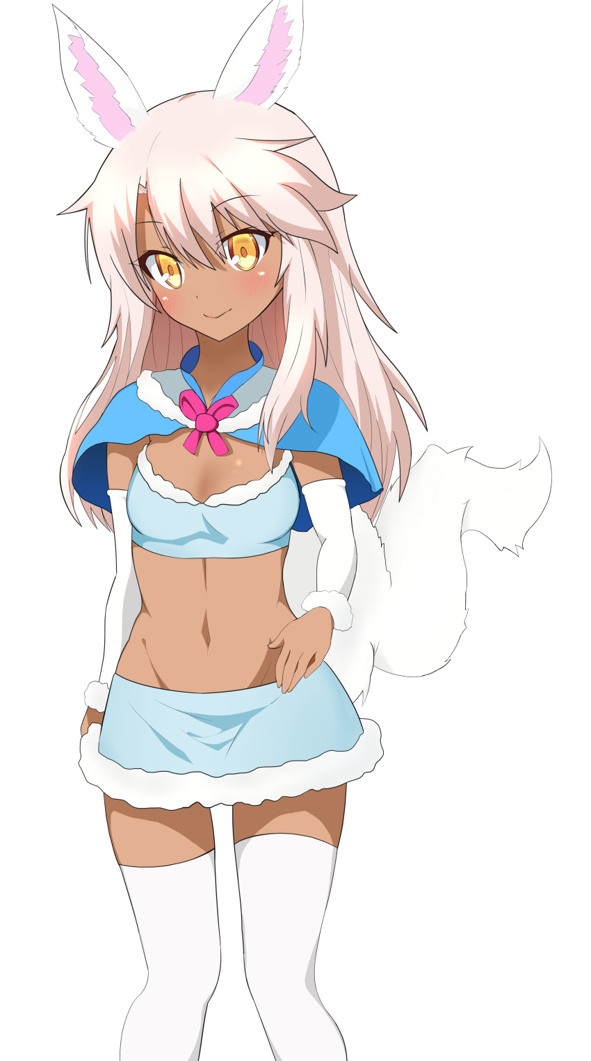 absurdres animal_ears bad_id bad_pixiv_id bandeau blue_capelet blue_skirt blush breasts capelet chloe_von_einzbern closed_mouth cosplay coyomin dark-skinned_female dark_skin detached_sleeves fate/grand_order fate/kaleid_liner_prisma_illya fate_(series) female fou_(fate) fou_(fate)_(cosplay) fur_trim hair_between_eyes highres long_hair looking_at_viewer miniskirt navel official_alternate_costume pink_hair simple_background skirt small_breasts smile solo tail thighhighs thighs white_background white_thighhighs yellow_eyes