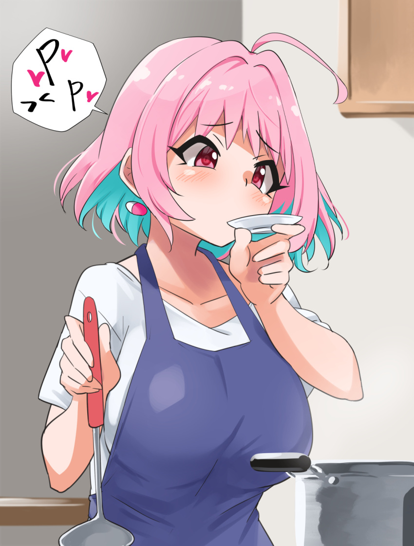 ahoge apron blue_apron blue_hair breasts collarbone cooking earrings female hair_intakes highres idolmaster idolmaster_cinderella_girls indoors jewelry ladle large_breasts multicolored_hair pill_earrings pink_eyes pink_hair plate pot shirt short_sleeves solo t-shirt tasting tasting_plate two-tone_hair upper_body white_shirt yumemi_riamu yuuichi_(reductionblack)