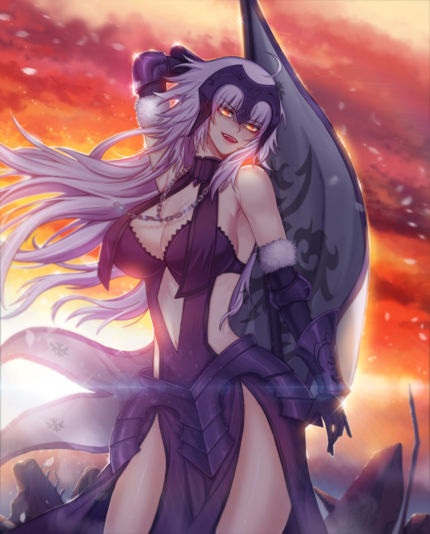 ahoge arm_up armor armored_dress bare_shoulders breasts chains commentary dress dusk fate/grand_order fate_(series) female flag highres holding holding_flag jeanne_d'arc_alter_(avenger)_(fate) jeanne_d'arc_alter_(avenger)_(third_ascension)_(fate) jeanne_d'arc_alter_(fate) large_breasts long_hair looking_at_viewer navel open_mouth raoul_(raoul77) smile solo standing white_hair yellow_eyes