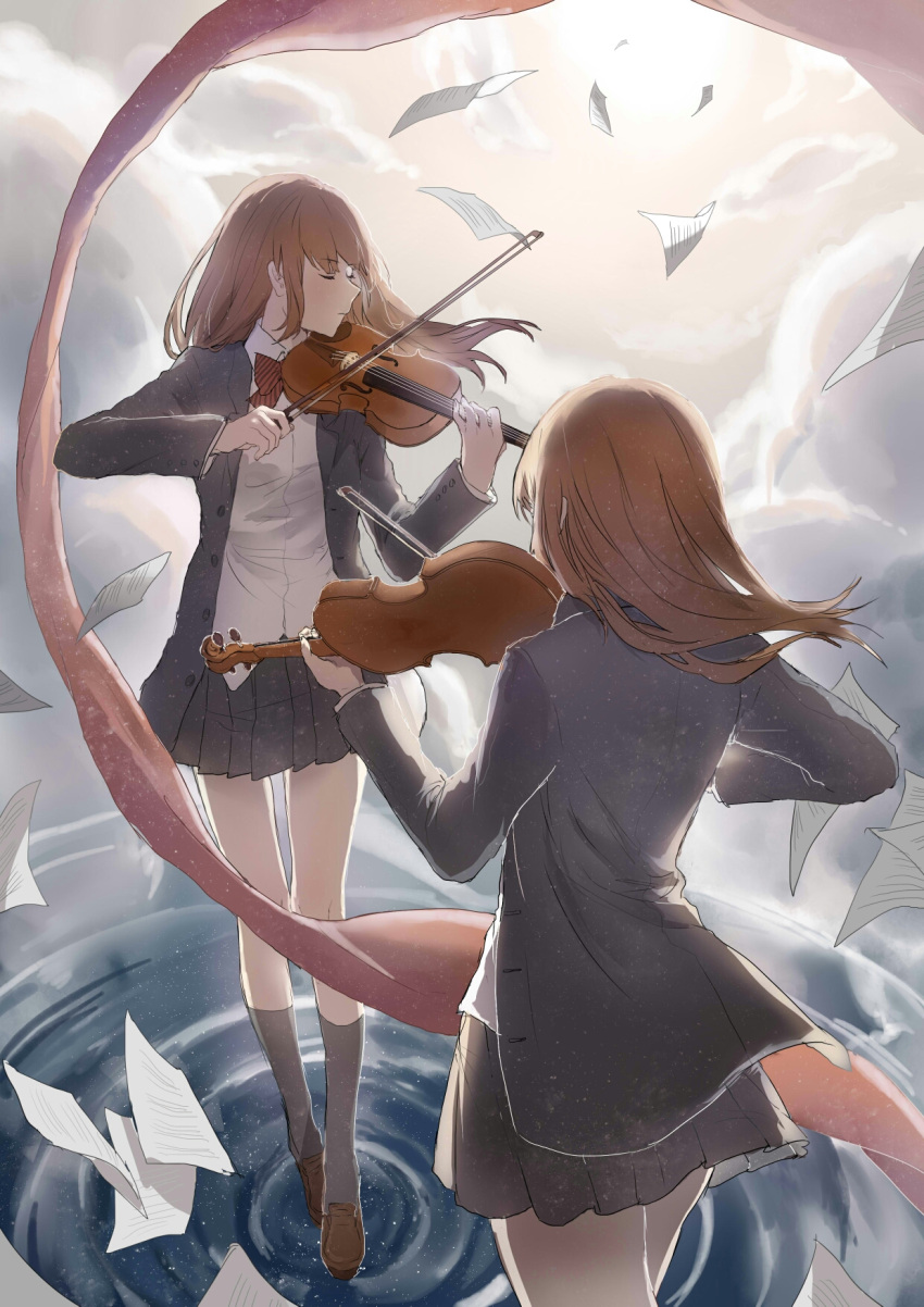 2girls back black_legwear bow bowtie candy_(pixiv15231759) closed_eyes cloud highres holding holding_instrument holding_violin instrument multiple_girls music original paper playing_instrument ribbon ripples school_uniform skirt standing standing_on_liquid sunlight thighhighs violin water wind