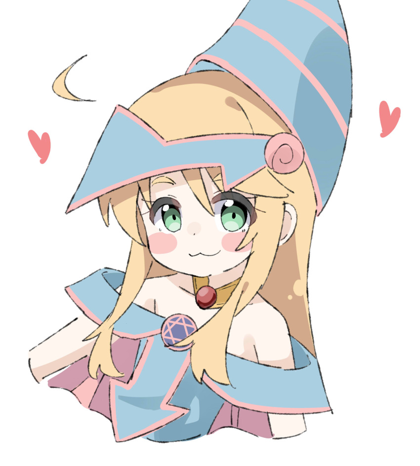 :3 ahoge blonde_hair blue_dress blue_headwear blush_stickers closed_mouth commentary_request cosplay cropped_torso dark_magician_girl dark_magician_girl_(cosplay) dress female green_eyes hair_between_eyes heart highres himesaka_noa kapuru_0410 looking_at_viewer off-shoulder_dress off_shoulder short_eyebrows simple_background solo thick_eyebrows upper_body watashi_ni_tenshi_ga_maiorita! white_background yu-gi-oh!