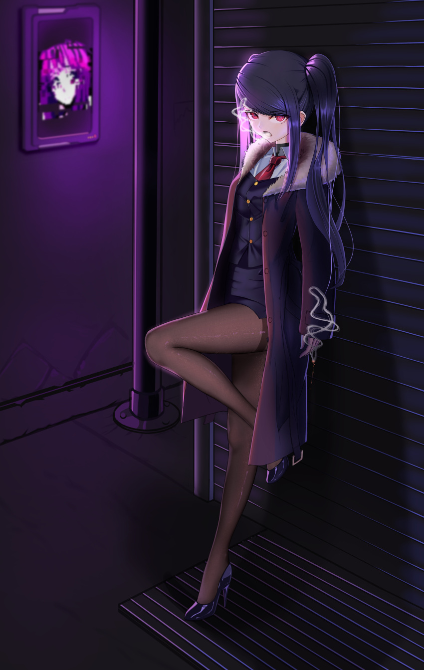 absurdres anna_graem black_pantyhose cigarette coat commentary english_commentary female geomiddang girls'_frontline highres jacket jill_stingray long_coat long_jacket necktie pantyhose pink_eyes purple_coat purple_hair purple_jacket purple_skirt red_necktie shirt skirt smoking tobacco va-11_hall-a white_shirt