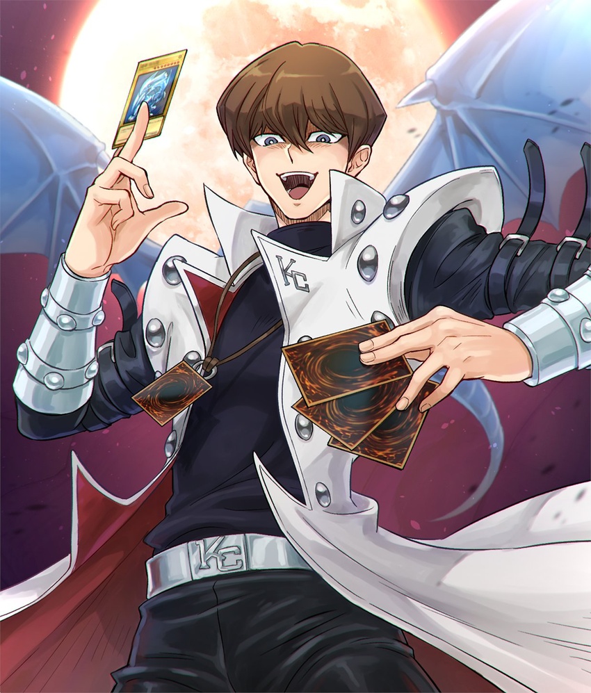 1boy arm_belt belt black_pants black_shirt blue-eyes_white_dragon blue-eyes_white_dragon_(card) blue_eyes brown_hair card coat dragon_wings duel_monster full_moon highres holding holding_card jewelry jigoku_meguri kaiba_seto looking_at_viewer male_focus moon necklace night open_clothes open_coat open_mouth pants shirt short_hair solo turtleneck white_coat wings yu-gi-oh! yu-gi-oh!_duel_monsters