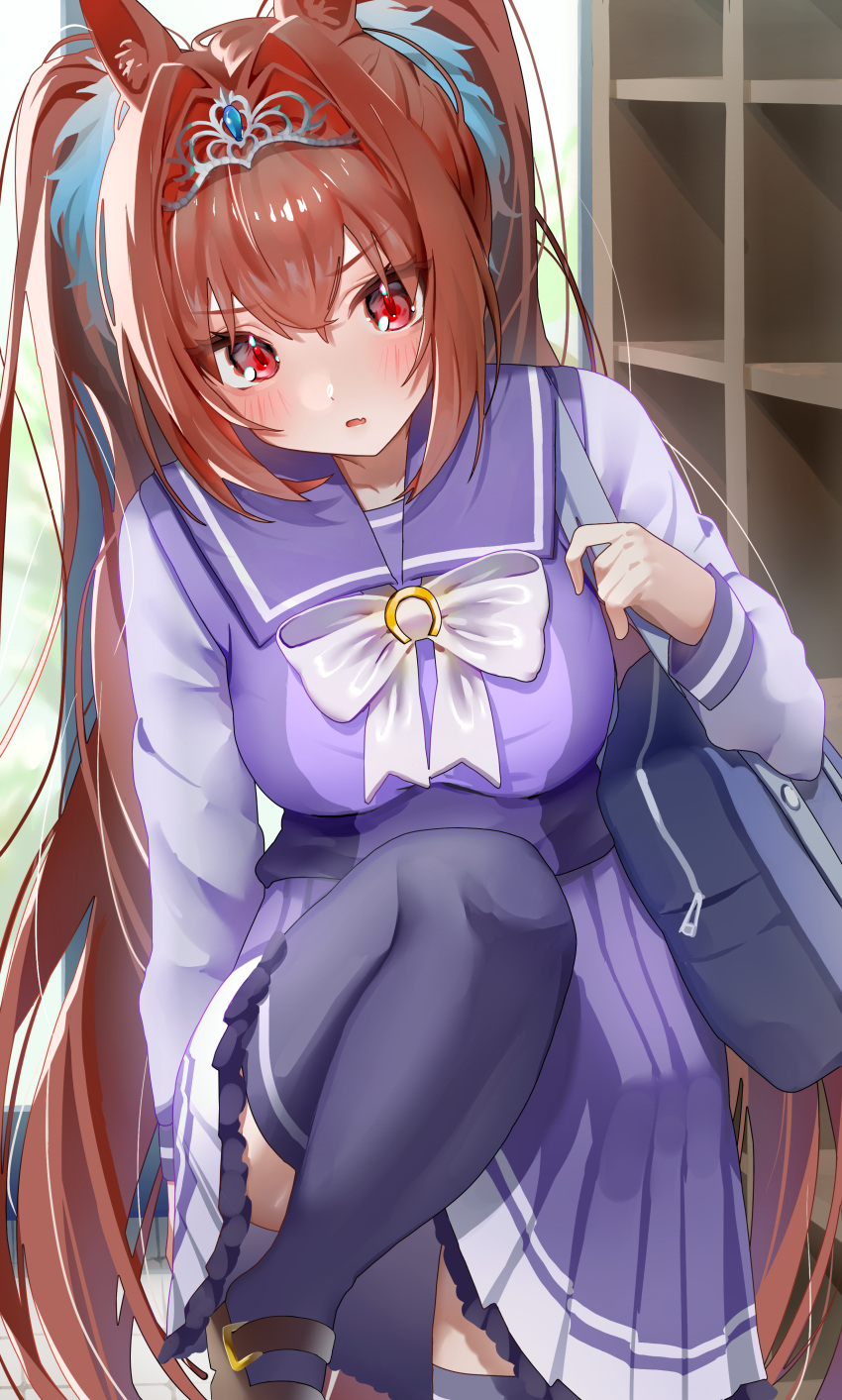 absurdres animal_ear_fluff animal_ears bag blush bow breasts brown_hair daiwa_scarlet_(umamusume) female hair_intakes highres horse_ears horse_girl knee_up long_hair looking_at_viewer ningen_mame oerba_yun_fang open_mouth putting_on_shoes red_eyes sailor_collar school_bag school_uniform shirt skin_fang skirt solo standing standing_on_one_leg thighhighs tiara tracen_school_uniform twintails umamusume very_long_hair white_bow