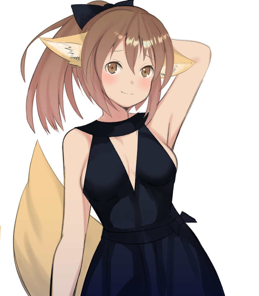 alternate_costume animal_ears arknights arm_behind_head arm_up armpits black_bow black_dress blush bow breasts brown_eyes brown_hair commentary_request dress enoki_p female fox_ears fox_tail hair_between_eyes hairbow highres long_hair looking_at_viewer partial_commentary perfumer_(arknights) ponytail simple_background sleeveless sleeveless_dress smile solo tail upper_body white_background