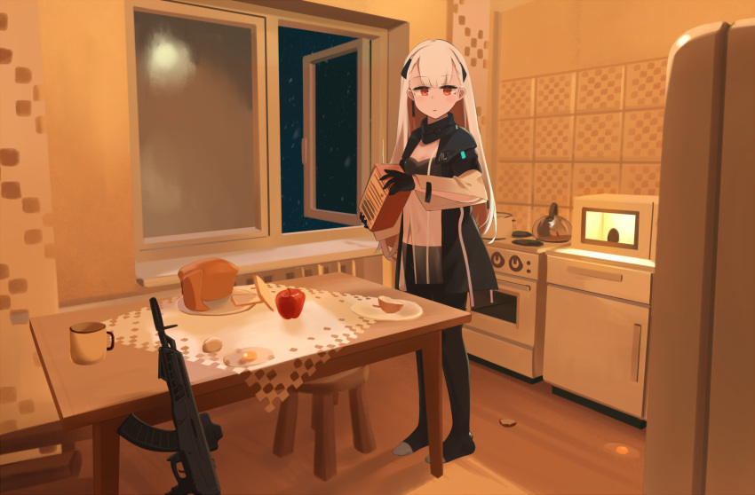 ak-alfa ak-alfa_(girls'_frontline) apple assault_rifle black_gloves black_pantyhose blush bread cabinet cup egg female food fruit full_body girls'_frontline gloves gun highres hinami047 holding interior jacket kitchen long_hair looking_at_viewer messy_room microwave night night_sky open_window pantyhose plate pot red_eyes refrigerator rifle russia scenery sky snowing solo standing stool stove table tablecloth teapot tile_wall tiles weapon white_hair window