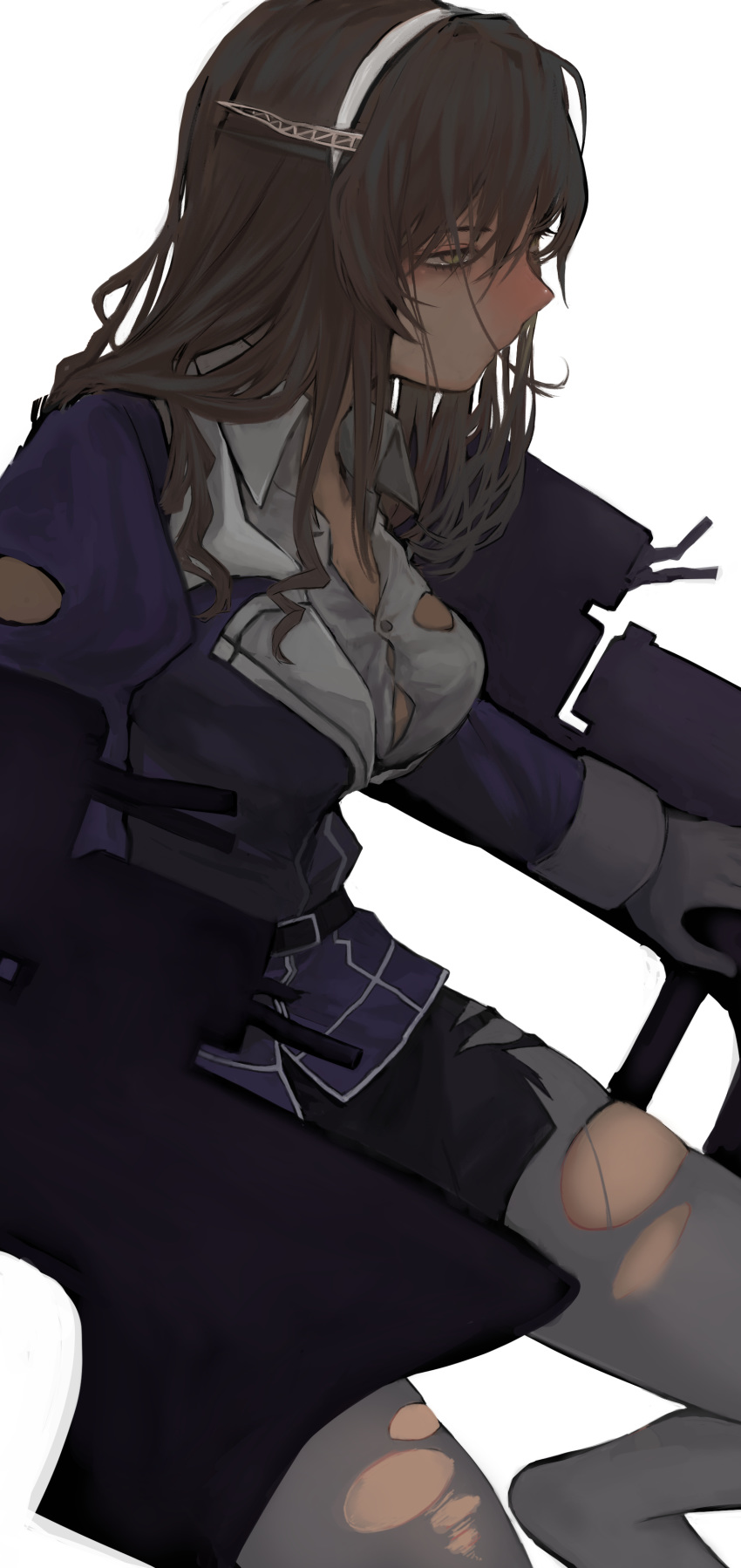 absurdres ashigara_(kancolle) ashigara_kai_ni_(kancolle) brown_eyes brown_hair commentary_request cowboy_shot elbow_gloves female gloves grey_pantyhose hagioshi hairband highres kantai_collection long_hair machinery military military_uniform pantyhose simple_background solo torn_clothes torn_pantyhose uniform wavy_hair white_background white_gloves