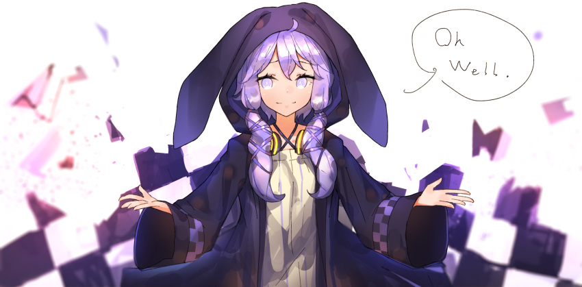 absurdres ahoge animal_ears animal_hood bad_id bad_pixiv_id black_jacket capelet cio_hakatano commentary criss-cross_halter dress english_text female furrowed_brow hair_tie halterneck headphones headphones_around_neck highres hood hooded_capelet jacket light_smile looking_at_viewer outstretched_arms purple_eyes purple_hair rabbit_ears rabbit_hood shrugging sidelocks solo speech_bubble upper_body vocaloid voiceroid yellow_dress yuzuki_yukari yuzuki_yukari_(lin) yuzuki_yukari_(vocaloid4)