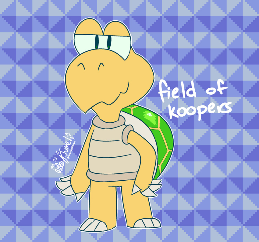 2022 4_fingers absurd_res ambiguous_gender anthro aroohwahoou claws dated fingers green_shell hi_res koopa koopa_troopa mario_bros nintendo scalie shell solo text yellow_body yellow_skin