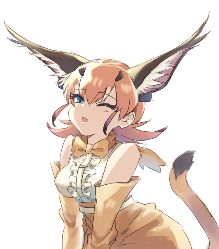 animal_ear_fluff animal_ears azuma_11_ma blue_eyes bow bowtie brown_gloves brown_skirt caracal_(kemono_friends) center_frills commentary_request elbow_gloves extra_ears female frills gloves half-closed_eye high-waist_skirt highres kemono_friends light_brown_hair looking_at_viewer medium_hair oerba_yun_fang one_eye_closed open_mouth shirt simple_background skin_fang skirt sleeveless sleeveless_shirt solo tail traditional_bowtie white_background white_shirt yellow_bow yellow_bowtie