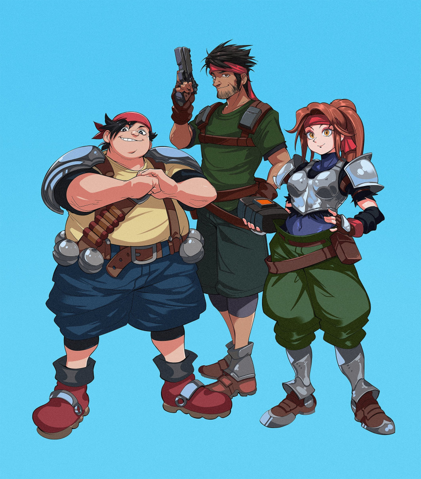 2boys absurdres armor bandana biggs_(ff7) blue_background blue_leotard boots breastplate brown_eyes brown_hair cracking_knuckles detached_sleeves explosive eyeshadow facial_hair fat female final_fantasy final_fantasy_vii final_fantasy_vii_remake full_body greaves grenade grin gun handgun headband highres holding holding_gun holding_weapon impossible_armor jessie_rasberry knee_pads leotard leotard_under_clothes long_hair looking_at_viewer makeup male_focus multiple_boys obese pauldrons ponytail red_headband shirt short_hair shorts shoulder_armor smile stubble t-shirt trigger_discipline voodoothur weapon wedge_(ff7)