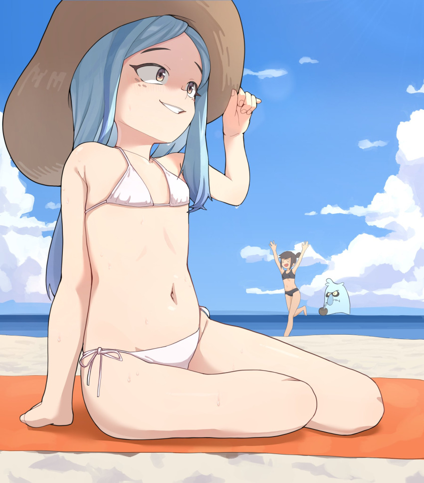 1boy 2girls andrea_davenport bad_id bad_twitter_id beach beach_towel bikini black_bikini blue_hair blue_sky brown_eyes brown_hair brown_headwear cloud coconut coconut_cup commentary day drinking_straw english_commentary freckles fruit_cup full_body ghost grin hat highres inactive_account light_blue_hair light_blush long_hair looking_away ludo0109 molly_mcgee multicolored_hair multiple_girls navel outdoors ponytail running scratch_(the_ghost_and_molly_mcgee) sitting sky smile solo_focus streaked_hair sweat swimsuit the_ghost_and_molly_mcgee towel white_bikini