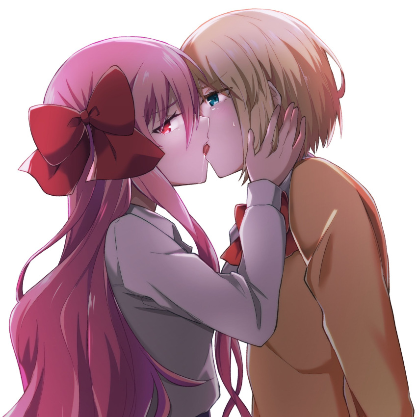 1boy azami_masurao blonde_hair blue_skirt bow bowtie commentary_request dead_apostle_noel_(tsukihime) female green_eyes hairbow highres kissing long_hair mario_gallo_bestino noel_(tsukihime) pink_hair red_bow red_bowtie red_eyes school_uniform shirt skirt straight tsukihime tsukihime_(remake) white_shirt yellow_shirt