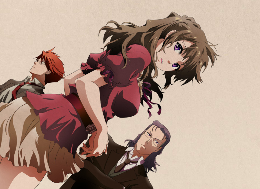 2boys breasts brown_hair commentary_request crossed_arms dutch_angle female formal frown glasses kawai_masaki large_breasts looking_back miniskirt multiple_boys necktie orange_hair original puffy_short_sleeves puffy_sleeves purple_eyes red_shirt serious shirt short_sleeves skirt suit