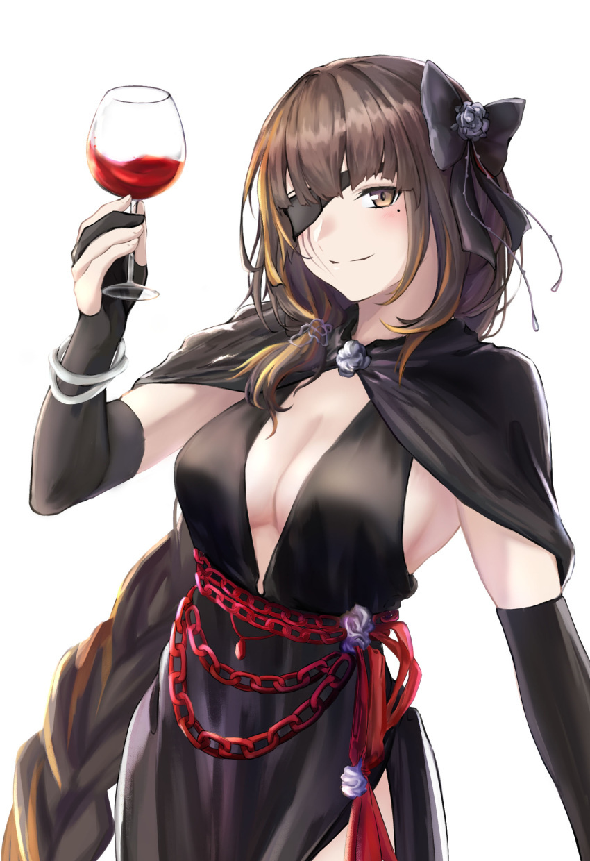 3_small_spiders absurdres alcohol black_gloves bow braid breasts bridal_gauntlets brown_eyes brown_hair chains cleavage commentary_request cup drinking_glass elbow_gloves eyepatch female girls'_frontline gloves hairbow highres holding holding_cup long_braid m16a1_(blazer_of_the_trail)_(girls'_frontline) m16a1_(girls'_frontline) medium_breasts mole mole_under_eye multicolored_hair official_alternate_costume scar scar_on_face smile solo standing streaked_hair upper_body white_background wine wine_glass