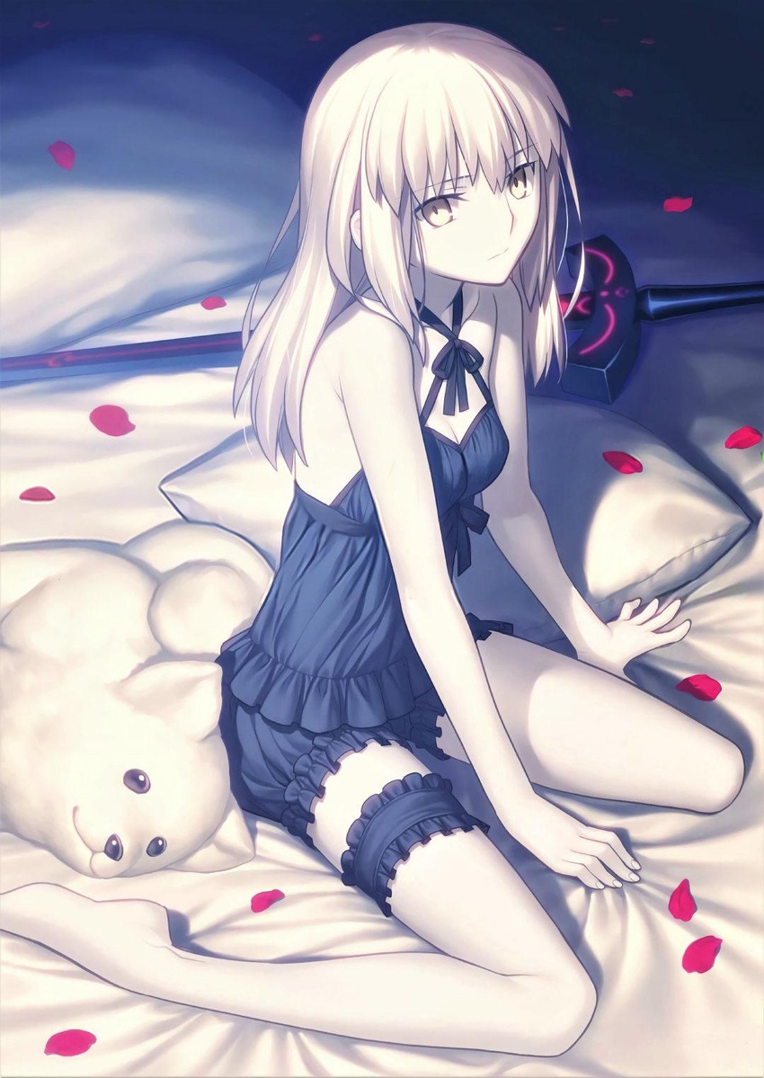 artoria_pendragon_(fate) barefoot bed black_pajamas commentary_request dark_persona excalibur_(fate/stay_night) excalibur_morgan_(fate) fate/stay_night fate_(series) female flower gothic_lolita grey_hair highres lolita_fashion looking_at_viewer medium_hair pajamas pillow saber_alter stuffed_animal stuffed_toy takeuchi_takashi underwear yellow_eyes