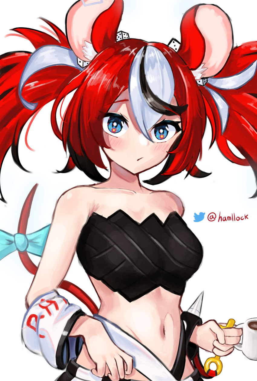 absurdres animal_ear_fluff animal_ears aqua_bow bare_shoulders black_hair black_skirt black_tube_top blue_eyes blush bow breasts coffee coffee_mug collar cup dice_hair_ornament female hair_ornament hakos_baelz hakos_baelz_(1st_costume) hamllock highres holding holding_cup holding_key hololive hololive_english key looking_at_viewer medium_breasts midriff mouse_ears mouse_girl mouse_tail mug multicolored_clothes multicolored_hair multicolored_skirt navel no_shirt pleated_skirt red_hair skirt spiked_collar spikes strapless tail tube_top twintails twitter_username unworn_collar virtual_youtuber white_hair white_skirt