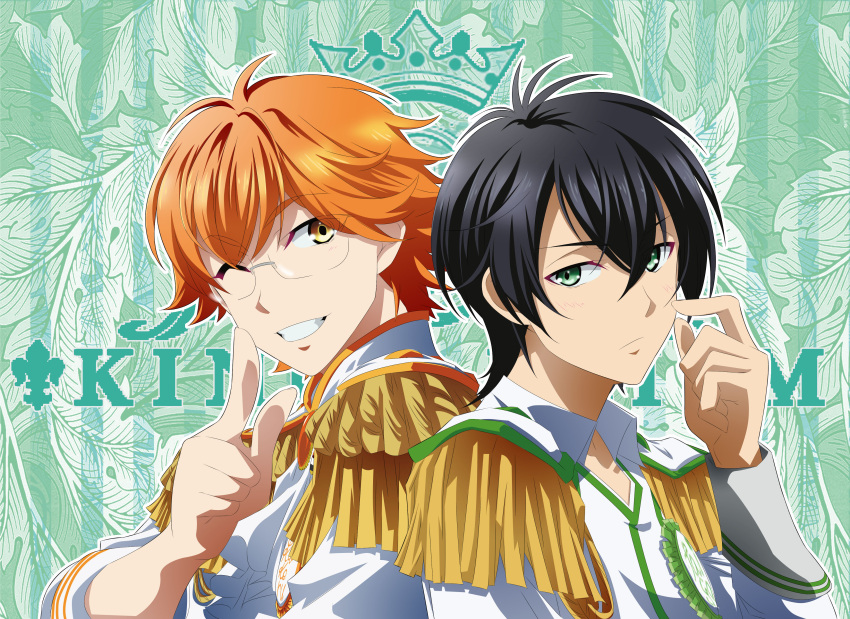 2boys absurdres black_hair commentary_request epaulettes eyes_visible_through_hair glasses green_eyes grin hair_between_eyes highres juuouin_kakeru kawai_masaki king_of_prism king_of_prism_by_prettyrhythm kougami_taiga male_focus multiple_boys one_eye_closed orange_hair pointing pretty_rhythm pretty_series smile yellow_eyes