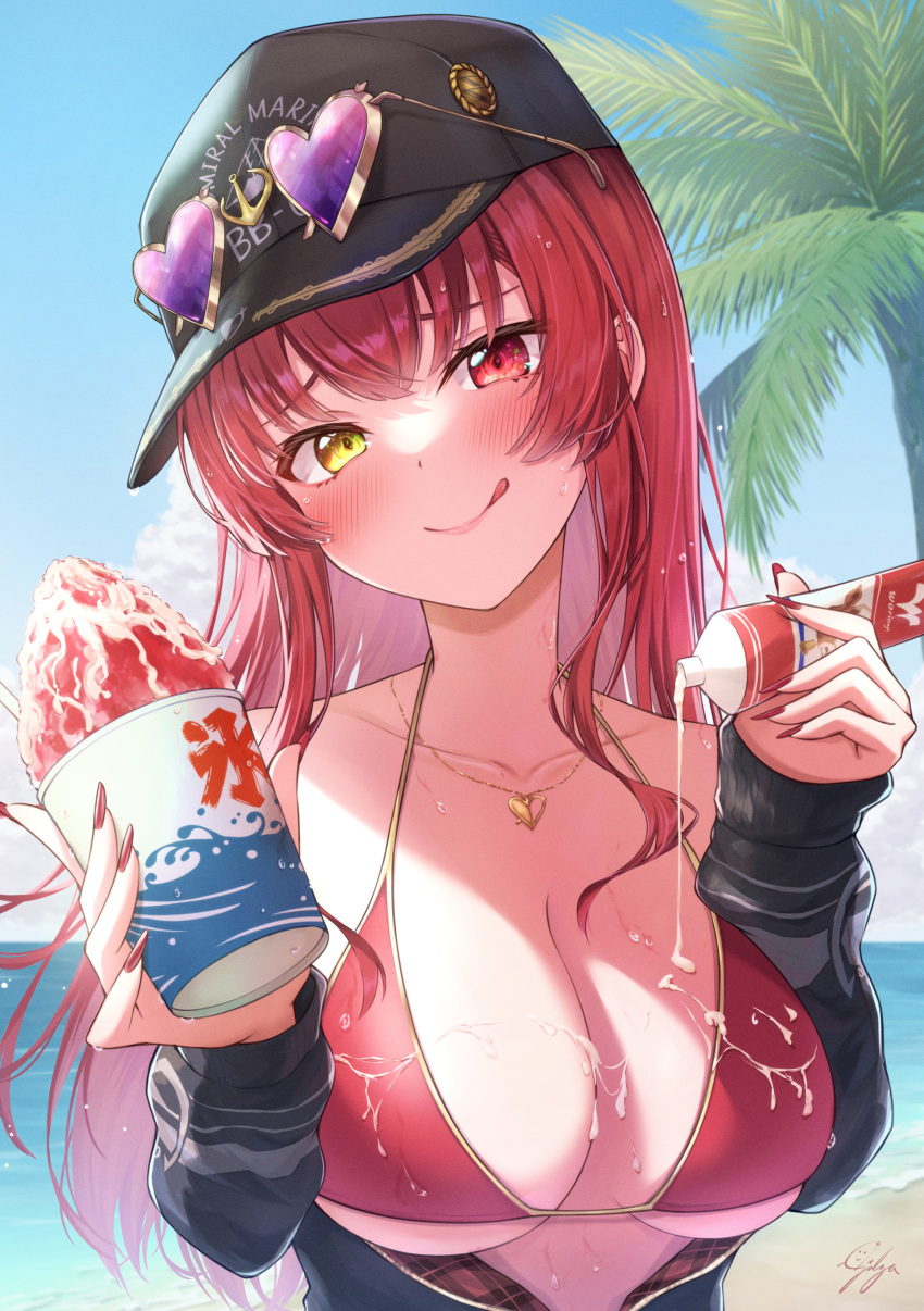 :q absurdres baseball_cap beach bikini black_jacket blush breasts cleavage closed_mouth condensed_milk cup day eyewear_on_headwear female fingernails food hat heart heart-shaped_eyewear heart_necklace heterochromia highres holding holding_cup hololive houshou_marine houshou_marine_(summer) ichijo_kazuya jacket jewelry large_breasts long_fingernails long_hair long_sleeves nail_polish necklace official_alternate_costume open_clothes open_jacket outdoors palm_tree red_bikini red_eyes red_hair red_nails revision shaved_ice smile solo string_bikini suggestive_fluid sunglasses swimsuit tongue tongue_out tree upper_body virtual_youtuber yellow_eyes