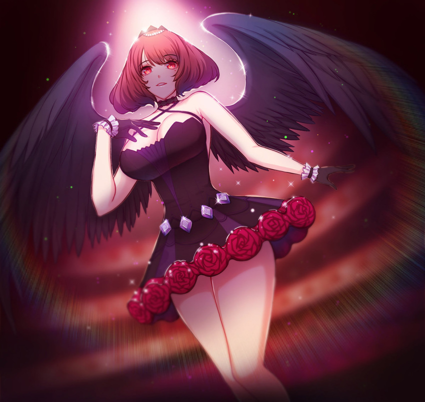 angel_wings anna_(illusion_connect) bare_legs bare_shoulders black_gloves black_skirt black_wings breasts brown_hair eyebrows_hidden_by_hair female flower gloves illusion_connect light open_mouth raoul_(raoul77) red_eyes short_hair skirt smile solo wings