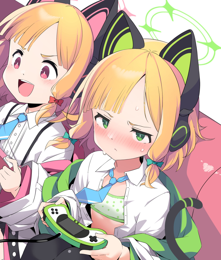 2girls absurdres animal_ear_headphones animal_ears black_thighhighs blonde_hair blue_archive blue_necktie blunt_bangs blush bow bra cat_ear_headphones closed_mouth controller couch dress_shirt fake_animal_ears flat_chest game_controller green_bow green_bra green_eyes hairbow halo headphones highres holding holding_controller holding_game_controller jacket kandori midori_(blue_archive) momoi_(blue_archive) multiple_girls necktie open_clothes open_mouth open_shirt playing_games red_bow red_eyes school_uniform shirt short_hair siblings sisters sitting sweat tail thighhighs twins underwear v-shaped_eyebrows