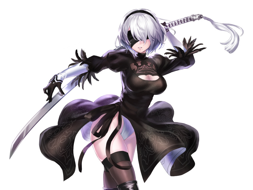 2b_(nier:automata) black_dress blindfold boots breasts cleavage_cutout clothing_cutout commentary_request dress feather_trim female gloves gyoza_(pi512126) hairband highleg highleg_leotard highres holding holding_sword holding_weapon katana leotard leotard_under_clothes lips long_sleeves medium_breasts mole mole_under_mouth nier:automata nier_(series) parted_lips puffy_sleeves short_dress short_hair solo sword thigh_boots thighhighs thighs turtleneck weapon white_background white_hair