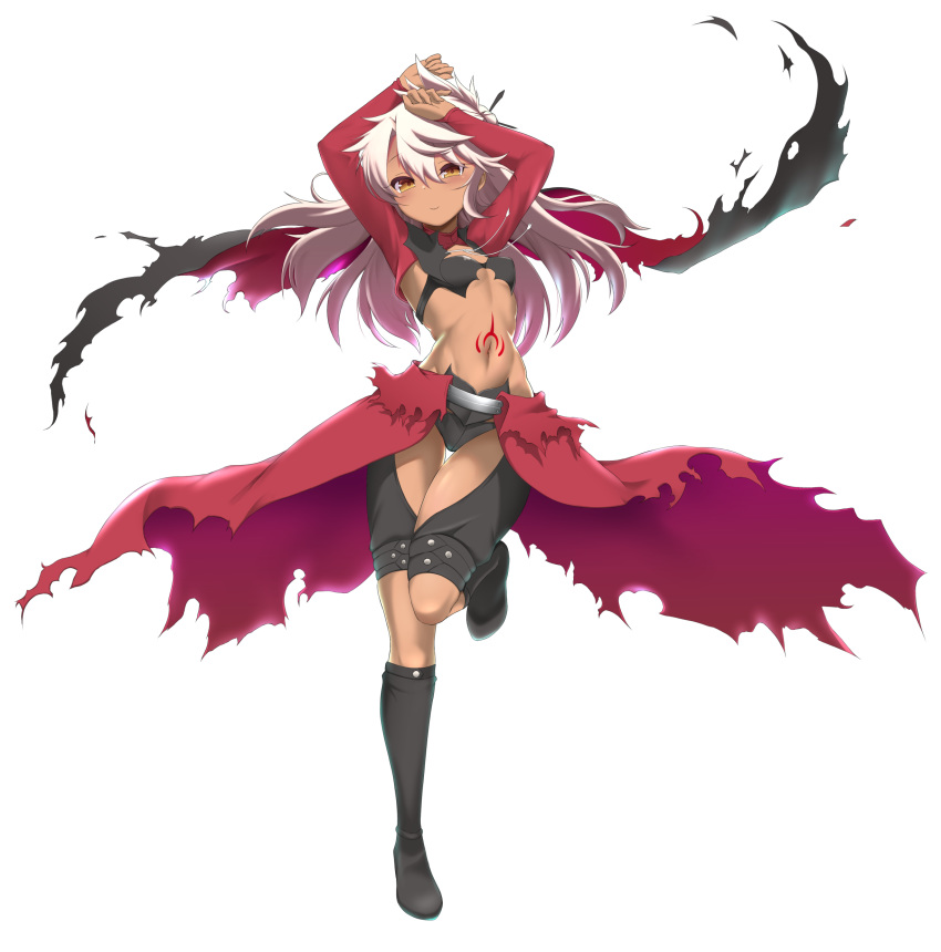 absurdres armor arms_up black_footwear blush boots breastplate breasts bridal_gauntlets cape capelet chloe_von_einzbern closed_mouth coyomin dark-skinned_female dark_skin fate/kaleid_liner_prisma_illya fate_(series) female full_body hair_bun hair_ornament hairpin half_updo highres knee_boots long_hair long_sleeves looking_at_viewer navel orange_eyes pink_hair red_cape showgirl_skirt shrug_(clothing) simple_background single_hair_bun small_breasts smile solo stomach_tattoo tattoo waist_cape white_background