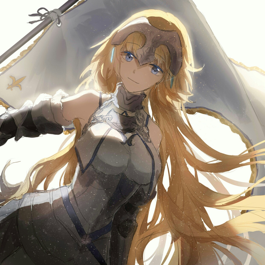 armor armored_dress bare_shoulders blonde_hair blue_eyes breasts candy_(pixiv15231759) chains fate/apocrypha fate/grand_order fate_(series) female flag headpiece highres jeanne_d'arc_(fate) jeanne_d'arc_(third_ascension)_(fate) long_hair looking_at_viewer medium_breasts simple_background smile solo upper_body white_background