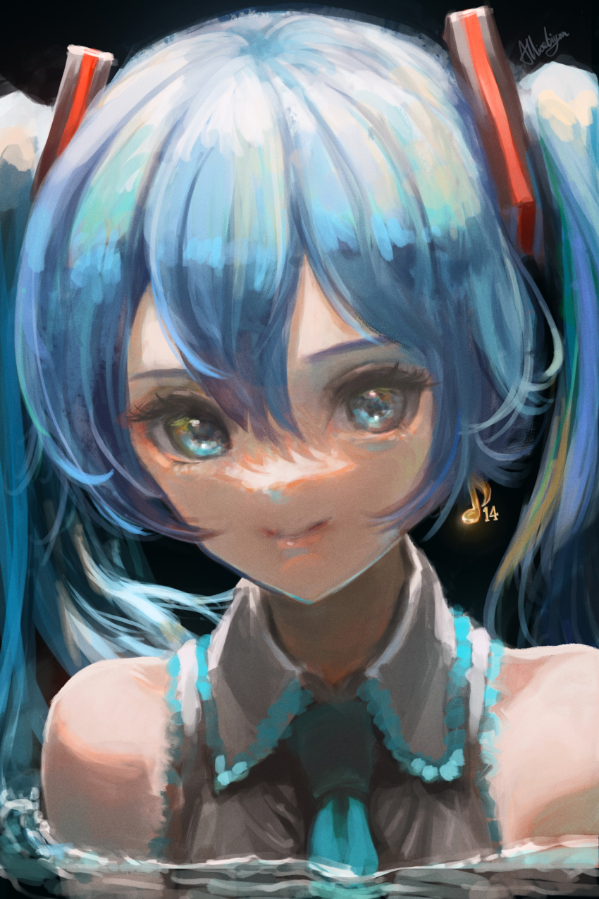 absurdres aqua_necktie arise_(allicenogalca) black_background blue_eyes blue_hair commentary earrings eyelashes female grey_shirt hair_between_eyes hair_ornament hatsune_miku highres jewelry long_hair looking_at_viewer musical_note_earrings necktie partially_submerged portrait shirt signature simple_background single_earring sleeveless sleeveless_shirt smile solo twintails vocaloid water