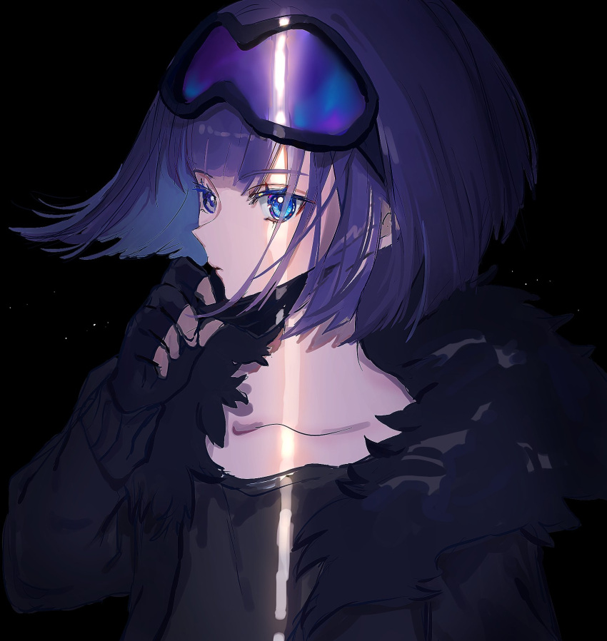 andreana_(arknights) arknights black_background black_gloves black_shirt blue_eyes closed_mouth collarbone commentary female gawako gloves goggles goggles_on_head hand_up highres long_sleeves purple_hair shirt short_hair simple_background solo upper_body