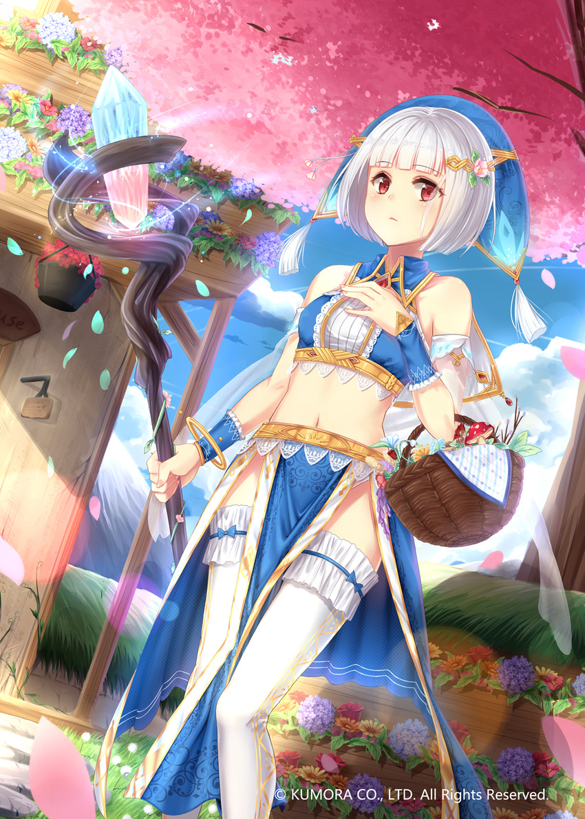 bad_id bad_pixiv_id bracelet cherry_blossoms crop_top day dutch_angle eyebrows_visible_through_hair garters highres holding holding_staff jewelry luoxuan_jingjie_xian maya_g midriff navel outdoors red_eyes short_hair silver_hair solo staff standing stomach thighhighs tree white_legwear wrist_cuffs