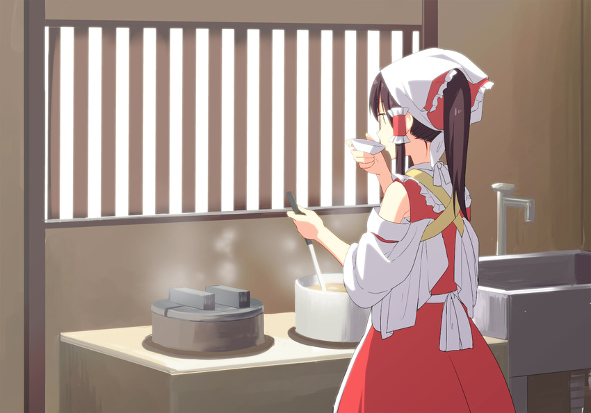 alternate_hairstyle apron bow brown_hair commentary cooking detached_sleeves female from_behind hair_tubes hairbow hakurei_reimu head_scarf holding holding_saucer kitchen leon_(mikiri_hassha) long_hair osandon plate ponytail pot saucer solo steam stirring stove tasting tasting_plate tasuki tenugui touhou