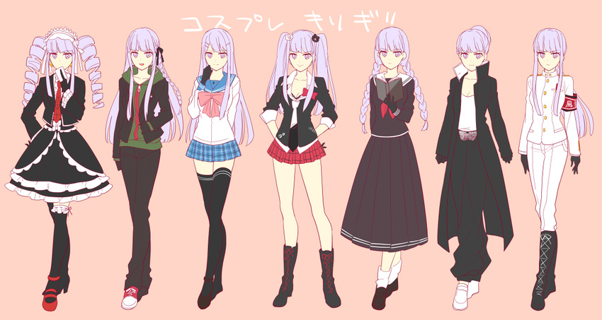 alternate_hairstyle armband black_gloves black_thighhighs bonnet book boots braid celestia_ludenberg celestia_ludenberg_(cosplay) commentary_request cosplay cross-laced_footwear danganronpa:_trigger_happy_havoc danganronpa_(series) dress drill_hair enoshima_junko enoshima_junko_(cosplay) female fukawa_toko fukawa_toko_(cosplay) gakuran gloves gothic_lolita hair_bun hair_ornament hairclip hood hoodie ishimaru_kiyotaka ishimaru_kiyotaka_(cosplay) karuha kirigiri_kyoko kneehighs lace-up_boots lolita_fashion maizono_sayaka maizono_sayaka_(cosplay) multiple_views naegi_makoto naegi_makoto_(cosplay) necktie owada_mondo owada_mondo_(cosplay) ponytail purple_eyes purple_hair school_uniform serafuku side_braid single_hair_bun socks spoilers thighhighs twin_braids twin_drills twintails white_gakuran