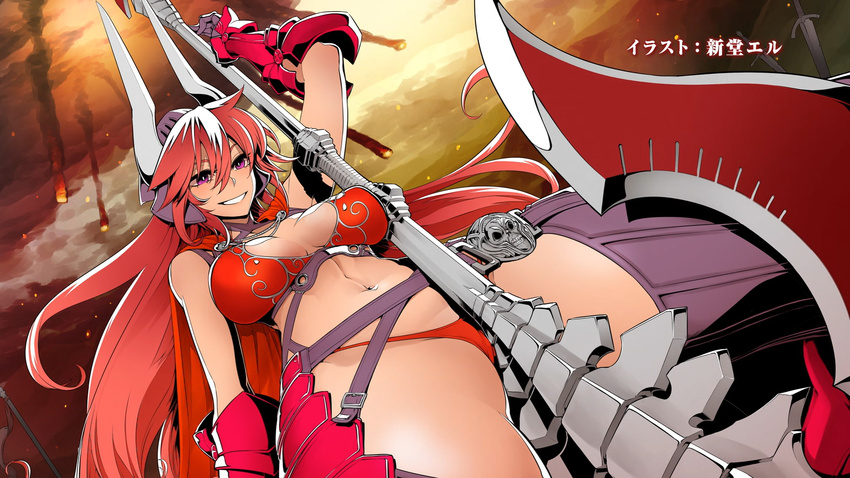 arm_up axe bare_shoulders breasts cape demon_girl demon_horns end_card female foreshortening from_below gauntlets hair_between_eyes halberd helmet highres holding holding_axe holding_weapon horns large_breasts long_hair looking_at_viewer navel non-web_source official_art panties parted_lips pointy_ears polearm purple_eyes red_hair red_panties satan_(the_seven_deadly_sins) shindol smile solo stomach the_seven_deadly_sins thighhighs underwear weapon