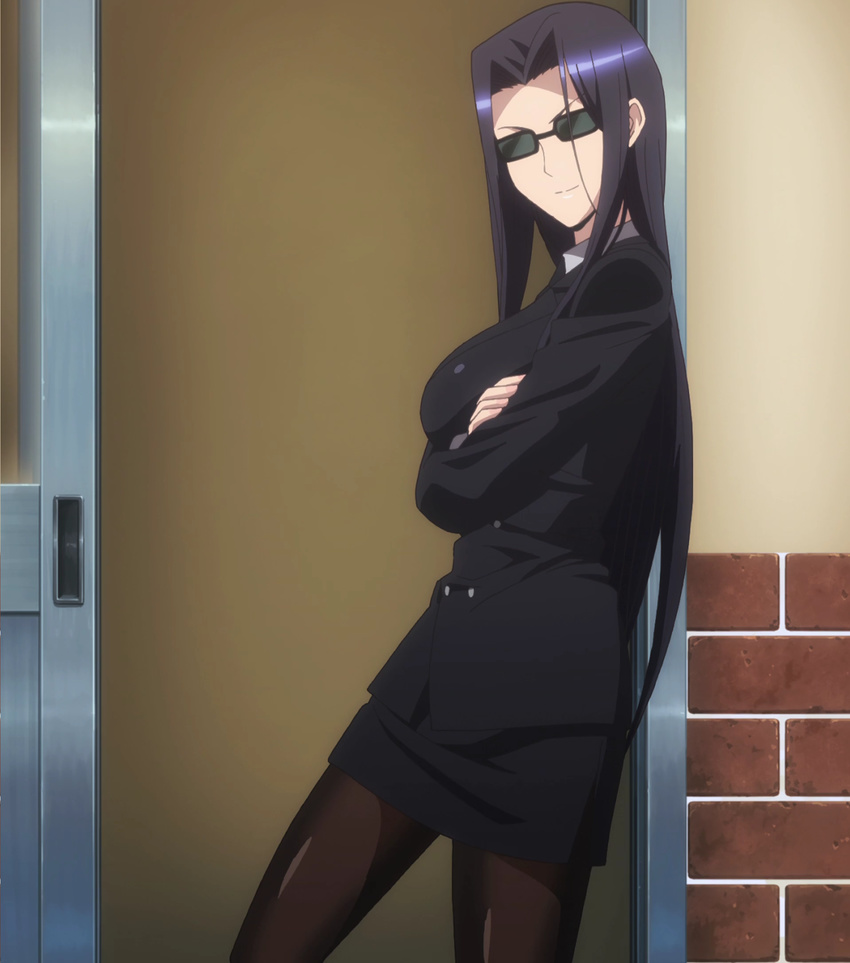 black_hair business_suit female glasses highres long_hair monster_musume_no_iru_nichijou ms._smith smile solo standing stitched thighhighs