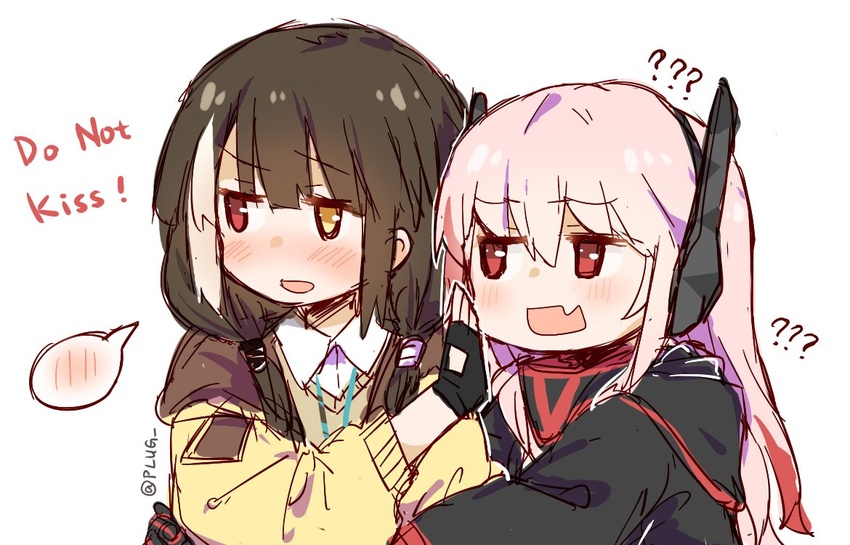 2girls ? ?? black_hair blush commentary_request english_text fingerless_gloves girls'_frontline gloves heterochromia imminent_kiss m4_sopmod_ii_(girls'_frontline) multiple_girls pink_hair plug_(feng-yushu) red_eyes rejected_kiss ro635_(girls'_frontline) simple_background spoken_blush twitter_username white_background yellow_eyes yuri