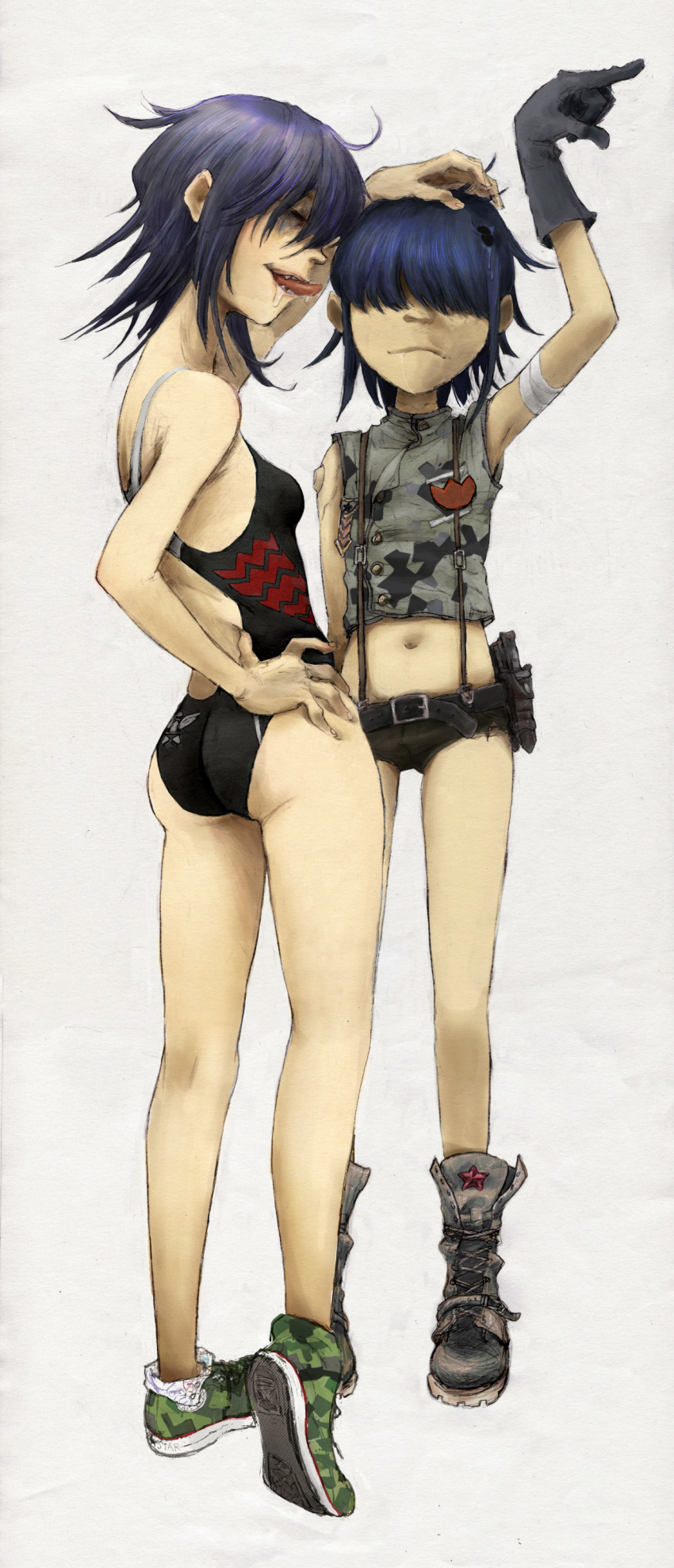 2girls absurdres ass black_hair boots breasts clone combat_boots commentary cyborg cyborg_noodle_(gorillaz) dual_persona english_commentary gorillaz hair_over_one_eye highres hole_in_head kneepits midriff multiple_girls navel noodle_(gorillaz) one-piece_swimsuit payama race_queen sharp_teeth shoes short_hair short_shorts shorts small_breasts sneakers suspender_shorts suspenders swimsuit teeth