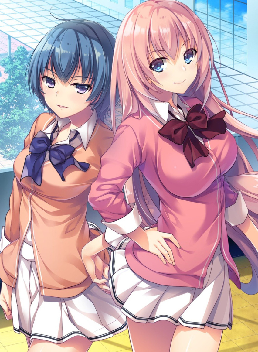 2girls bad_id bad_twitter_id blue_eyes breasts day hand_on_own_hip highres ibuki_mio ichinose_honami_(youjitsu) jacket long_hair looking_at_viewer medium_breasts multiple_girls official_art outdoors pink_hair pleated_skirt purple_eyes ribbon school_uniform short_hair skirt sleeves_rolled_up smile tomose_shunsaku very_long_hair youkoso_jitsuryoku_shijou_shugi_no_kyoushitsu_e