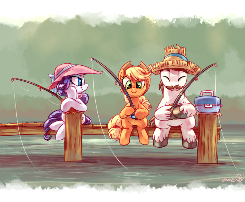 2015 applejack_(mlp) better_version_at_source blonde_hair blue_eyes closed_eyes clothing earth_pony equid equine female feral fishing fishing_rod freckles friendship_is_magic green_eyes group hair hasbro hat headgear headwear hondo_flanks_(mlp) horn horse male mammal my_little_pony mythological_creature mythological_equine mythology outside pier pony purple_hair rarity_(mlp) seaside sitting smile unicorn whitediamonds