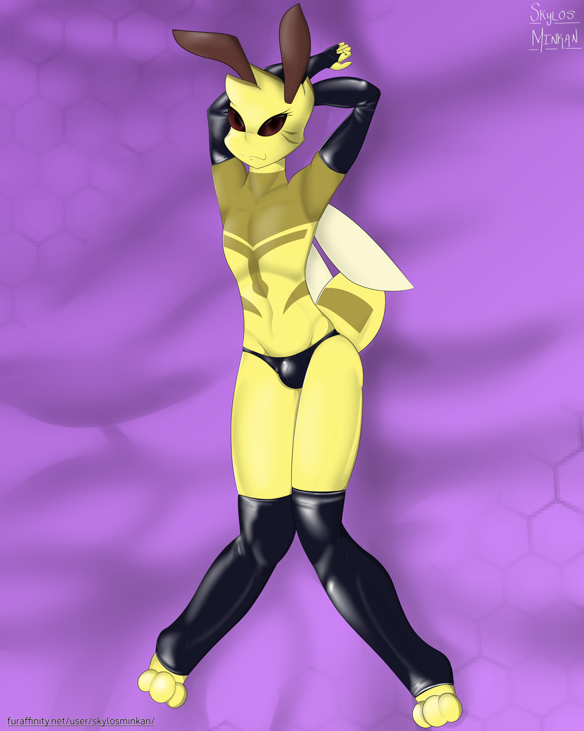 4:5 absurd_res antennae_(anatomy) anthro arthropod bed bee bulge digital_media_(artwork) femboy furniture hi_res hymenopteran insects latex male multicolored_body multicolored_skin prince_bee shaded skylosminkan solo text two_tone_body two_tone_skin url