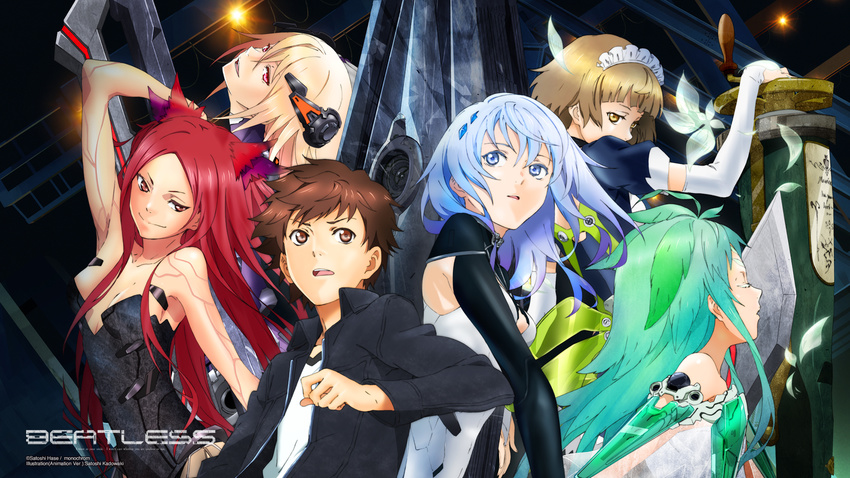 1boy 5girls arm_behind_head beatless black_jacket blonde_hair blue_eyes blue_hair blunt_bangs brown_eyes brown_hair closed_mouth collared_jacket copyright_name elbow_gloves endou_arato gloves hair_ornament highres jacket kadowaki_satoshi kouka_(beatless) leicia long_hair long_sleeves looking_at_viewer looking_to_the_side maid_headdress mariage methode_(beatless) multiple_girls official_art open_mouth parted_lips pink_eyes profile red_hair snowdrop_(beatless) weapon white_gloves wing_collar