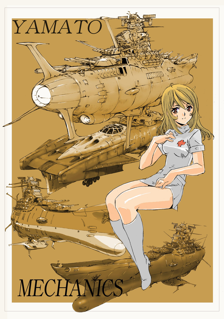 1970s_(style) absurdres antennae autocannon battleship blonde_hair boots border breasts brown_eyes cannon cockpit destroyer dress energy_cannon female hand_on_own_chest highres knee_boots landing_gear long_hair looking_at_viewer medium_breasts military military_vehicle mori_yuki moriguchi_nao_(naonao) nurse official_style outside_border radar retro_artstyle rudder science_fiction sepia_background ship short_sleeves sitting smile smokestack solo spacecraft torpedo_tubes turret uchuu_senkan_yamato uchuu_senkan_yamato_2199 uniform warship watercraft white_border white_dress white_footwear yamato_(uchuu_senkan_yamato) yukikaze_(spaceship)