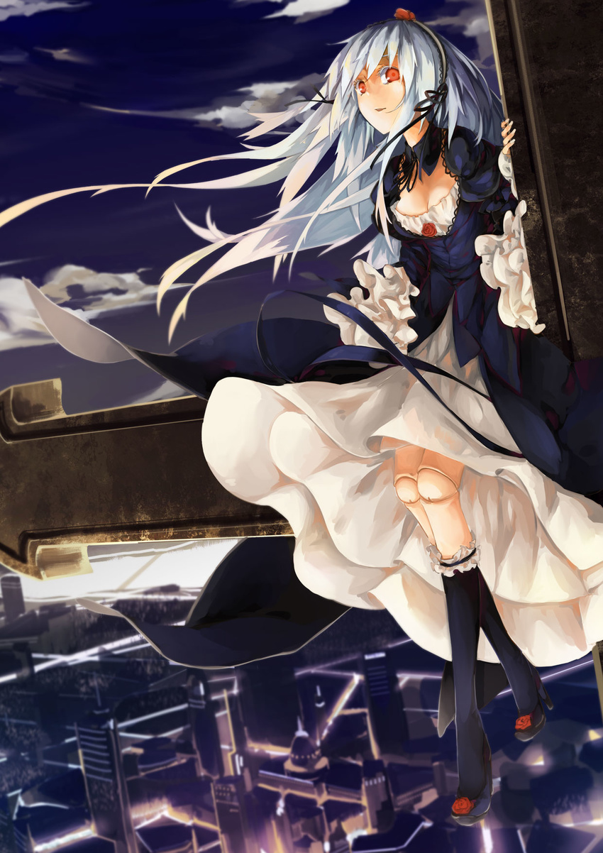 breasts building city cleavage cloud commentary_request cross detached_collar doll_joints dress feathers female flower frills gothic_lolita grin hairband high_heels highres joints lolita_fashion lolita_hairband long_hair orokanahime red_eyes rose rozen_maiden sitting skyscraper small_breasts smile solo suigintou white_hair wings