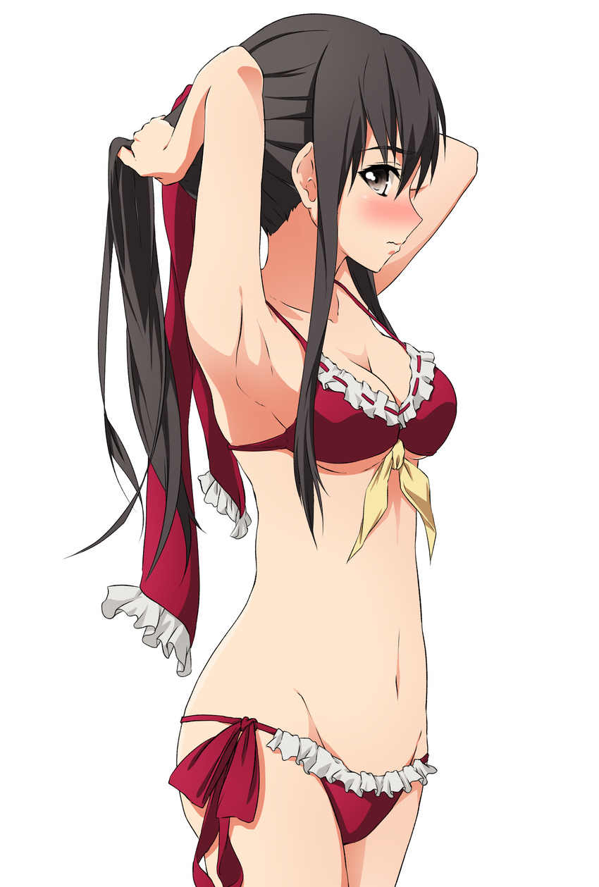 adjusting_hair aono_meri armpits bad_id bad_pixiv_id bikini black_eyes blush brown_hair female frilled_bikini frills hakurei_reimu highres long_hair navel ponytail red_bikini ribbon-trimmed_bikini ribbon_trim solo stomach swimsuit touhou