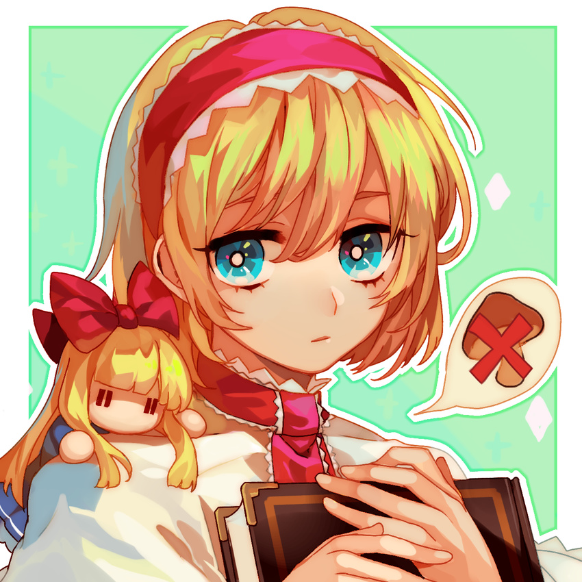 alice_margatroid blonde_hair blue_eyes book capelet closed_mouth commentary_request doll female green_background hair_ribbon hairband harrymiao highres long_hair looking_at_viewer mushroom necktie portrait ribbon shanghai_doll short_hair solo spoken_x touhou |_|