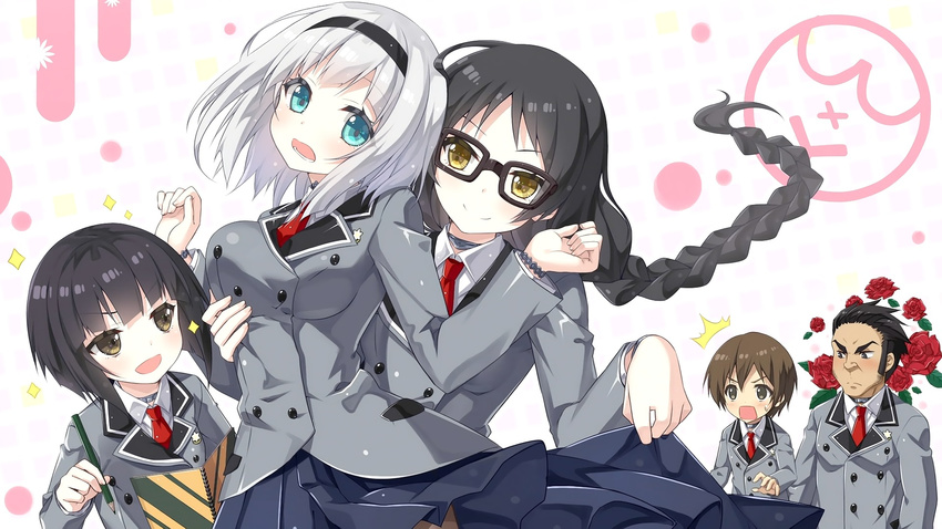 3girls anna_nishikinomiya aqua_eyes black_hair gouriki_raiki hairband kajou_ayame lolicon long_hair multiple_girls official_art okuma_tanukichi saotome_otome shimoneta_to_iu_gainen_ga_sonzai_shinai_taikutsu_na_sekai short_hair simple_background white_hair yellow_eyes