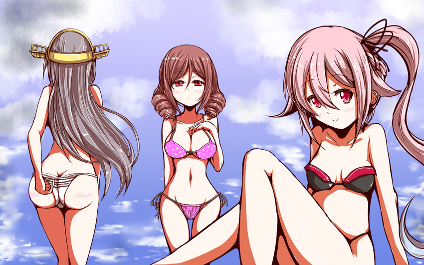 3girls ass bikini black_hair blue_hair brown_hair butt_crack choco_chip_(ekitai_idou) commentary_request drill_hair from_behind hairband harukaze_(kancolle) haruna_(kancolle) harusame_(kancolle) highres kantai_collection long_hair multicolored_hair multiple_girls name_connection pink_hair red_eyes side_ponytail swimsuit trefoil twin_drills